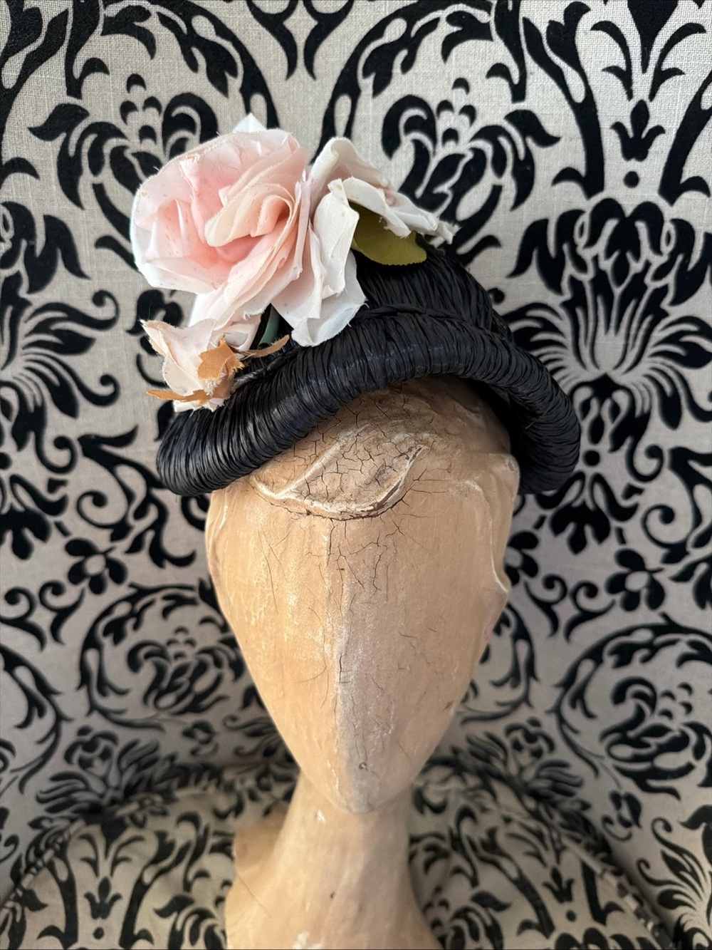 Black Straw Vintage Tilt Hat with Pink Floral Accent - Women's Accessories